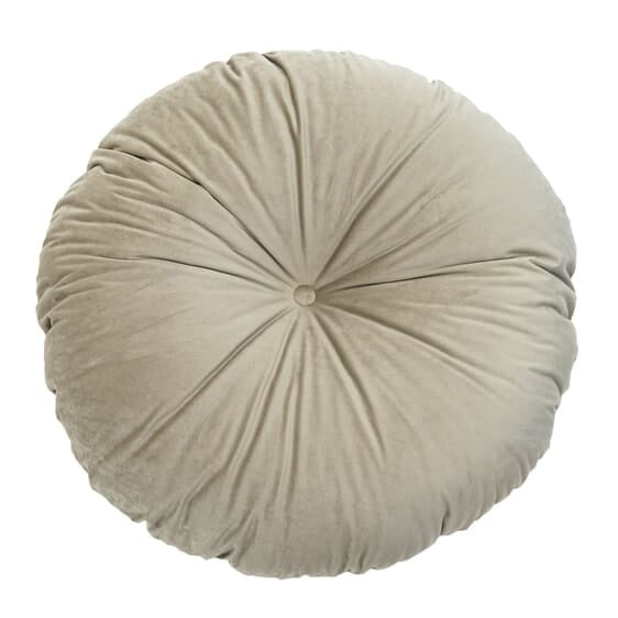 Ronde taupekleurige zitzak met knoopdetail en geplooide banen, Ø75 cm