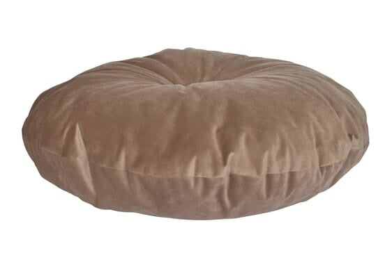 Ronde zitzak in taupe met knoopdetail en geplooide naden, Ø75 cm