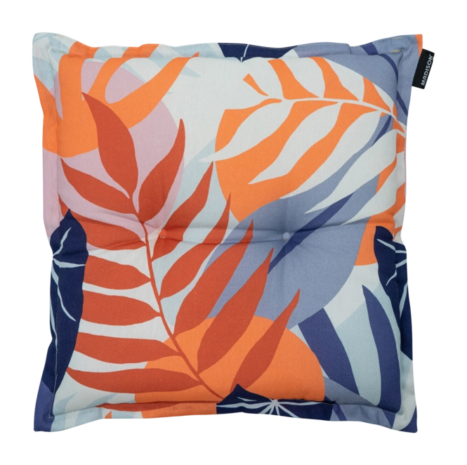 Universeel zitkussen 50x50 cm met indigo-blauwe ondergrond en oranje bladpatroon
