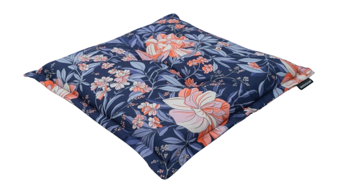 Zitkussen indigo met bloemen- en bladprint, vierkante vorm en bies rondom.