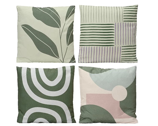 Decoratieve kussenhoes met abstracte bladeren en lijnen in groen en beige