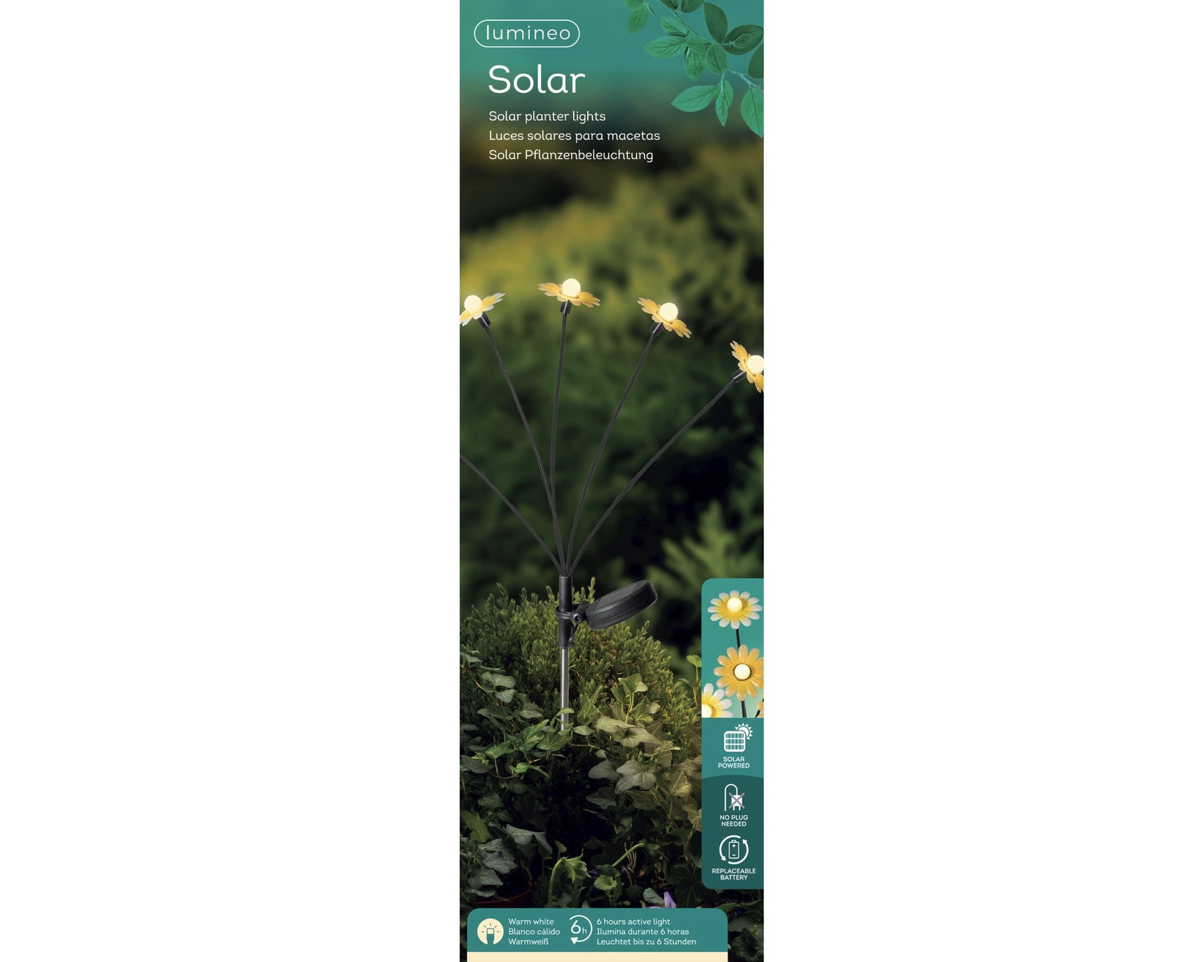 Verpakking van solar bloemenlamp met productfoto en blauwe labels