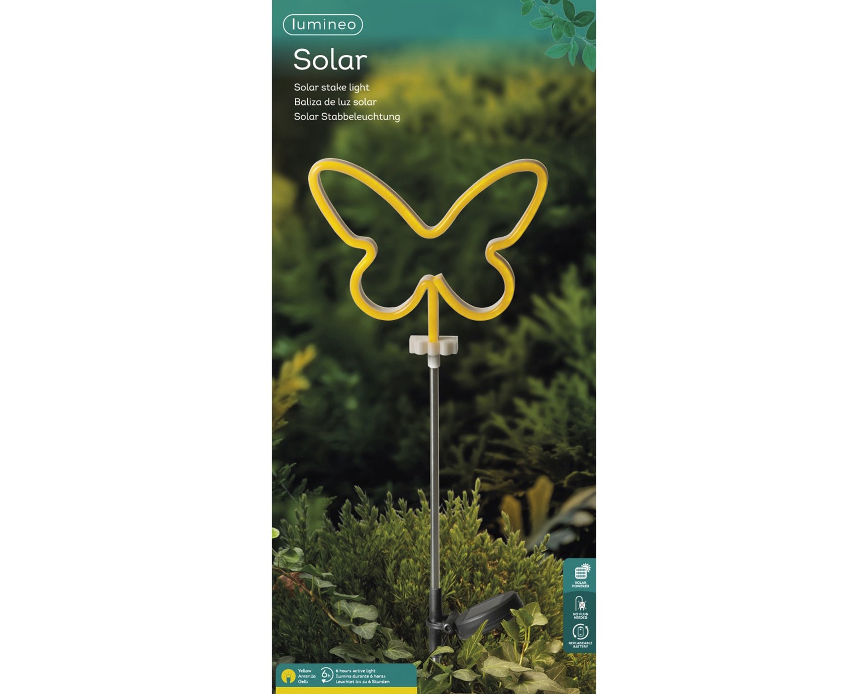 Verpakte vlinder zonne-staaklamp met gele LED-omtrek op tuinstaak, kaartverpakking