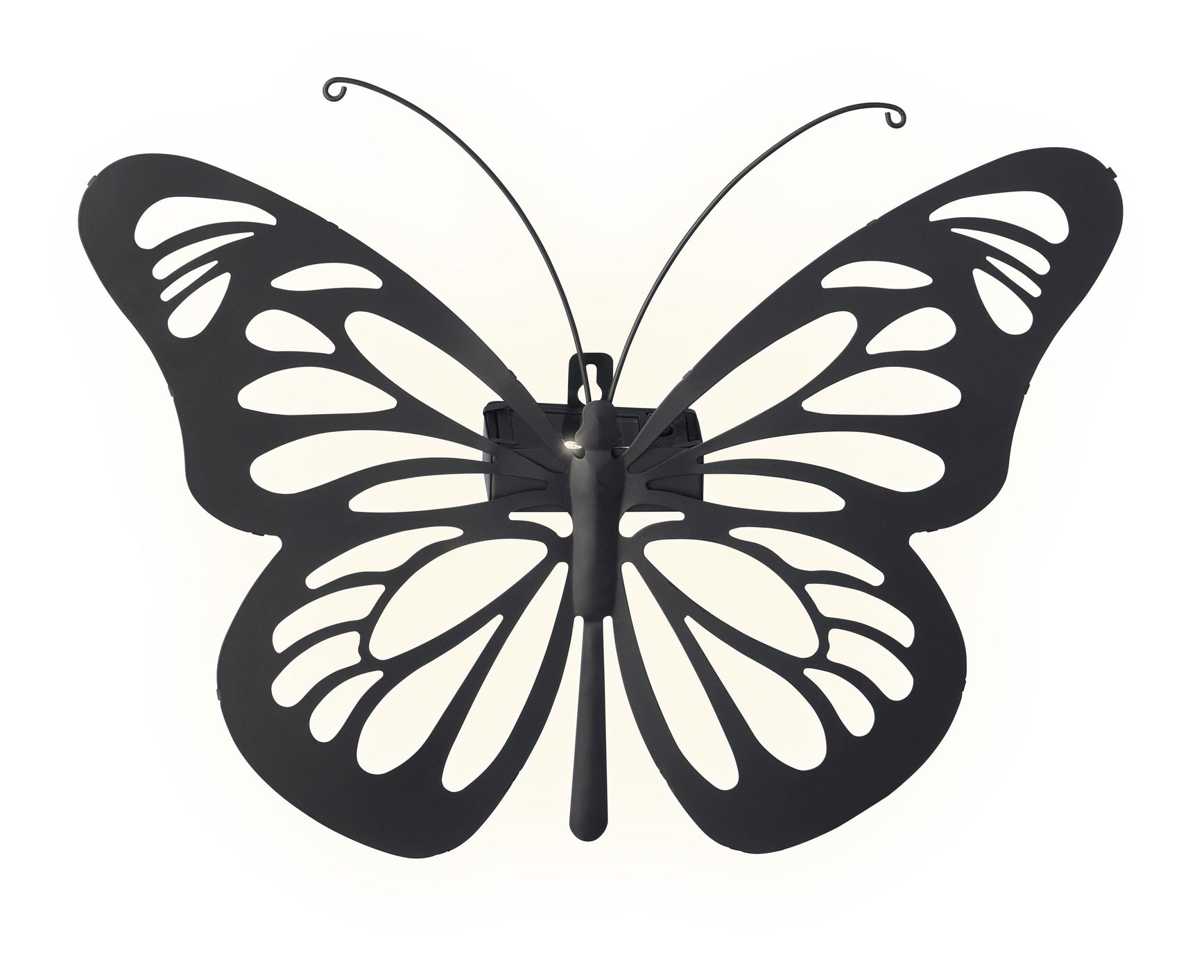 Vlinder wandlamp van ijzer, zwart frame met witte vleugels en gebogen antennes.