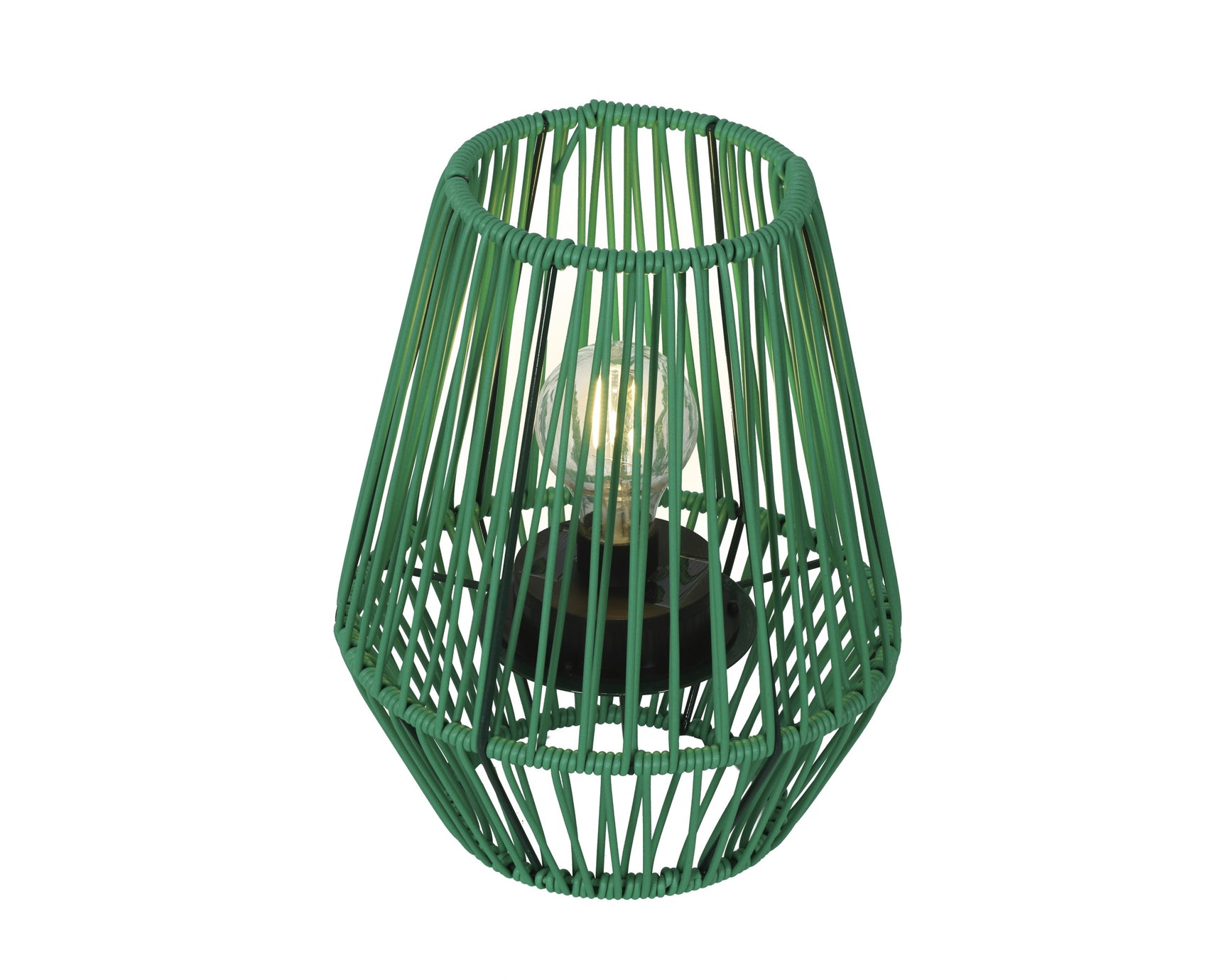 Groene rieten solar lantaarn met open draadkooi, ronde vorm.