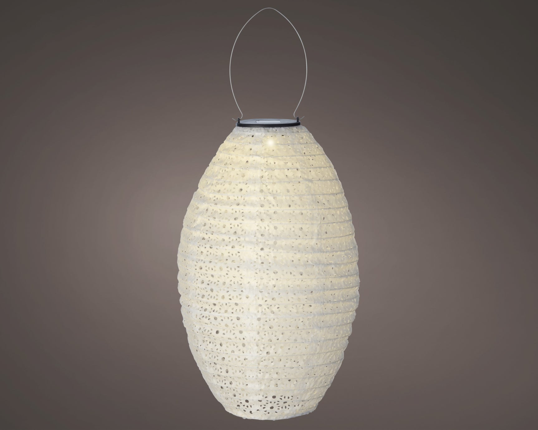 Nylon solar-lantaarn, druppelvormige lichtbeige mesh kap met metalen beugel en haak