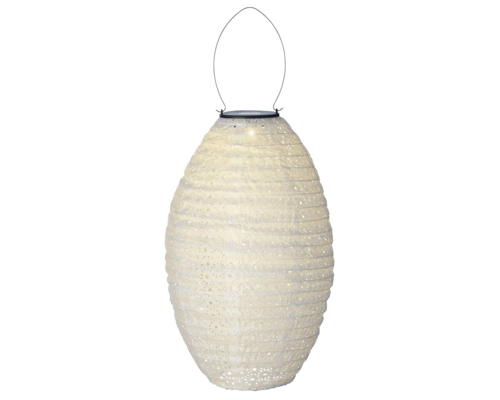 Nylon solar-lantaarn met druppelvormige lichtbeige stoffen kap en metalen ophanghaak