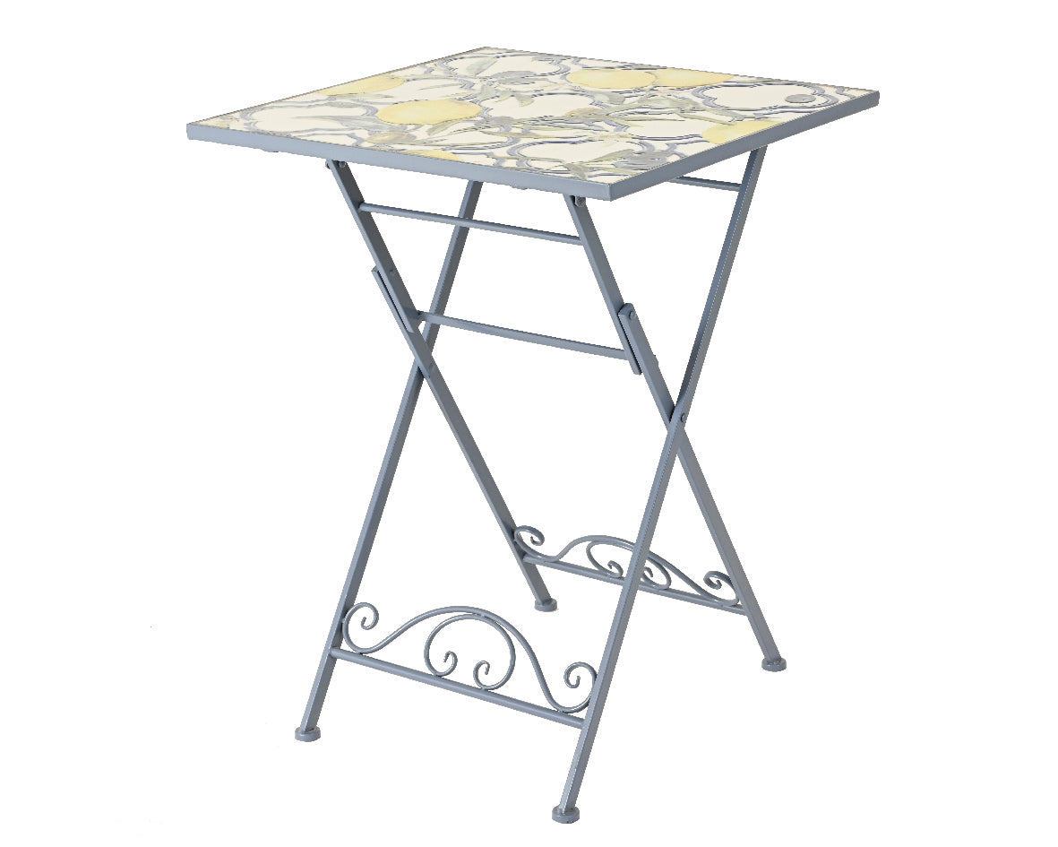 Bistrotafel met blauw metalen frame en rechthoekig mozaïekblad met citroenpatroon