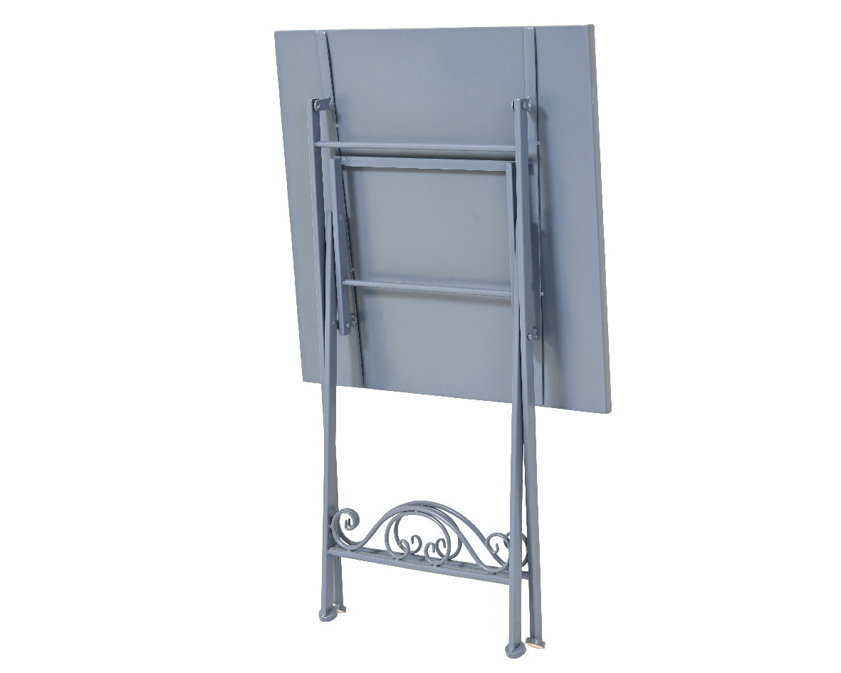Tafel met blauw metalen inklapframe en vouwdeuren onder het blad