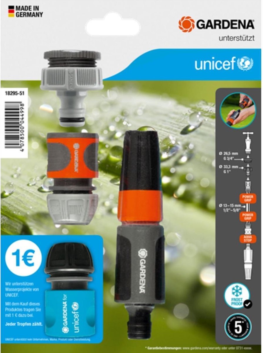 Gardena startset tuinspuit met UNICEF-koppeling: oranje/zwarte sproeier en grijze slanghouder