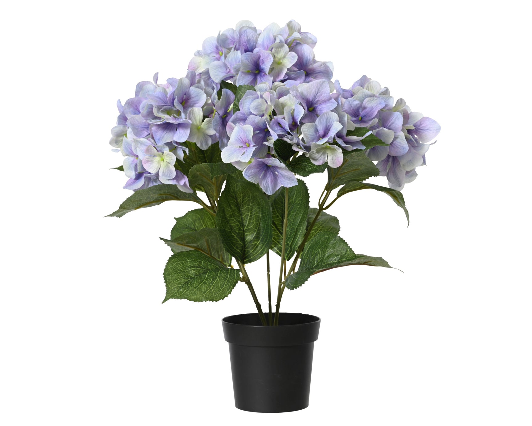 Polyester hortensia met paarse bloemen in zwarte pot.