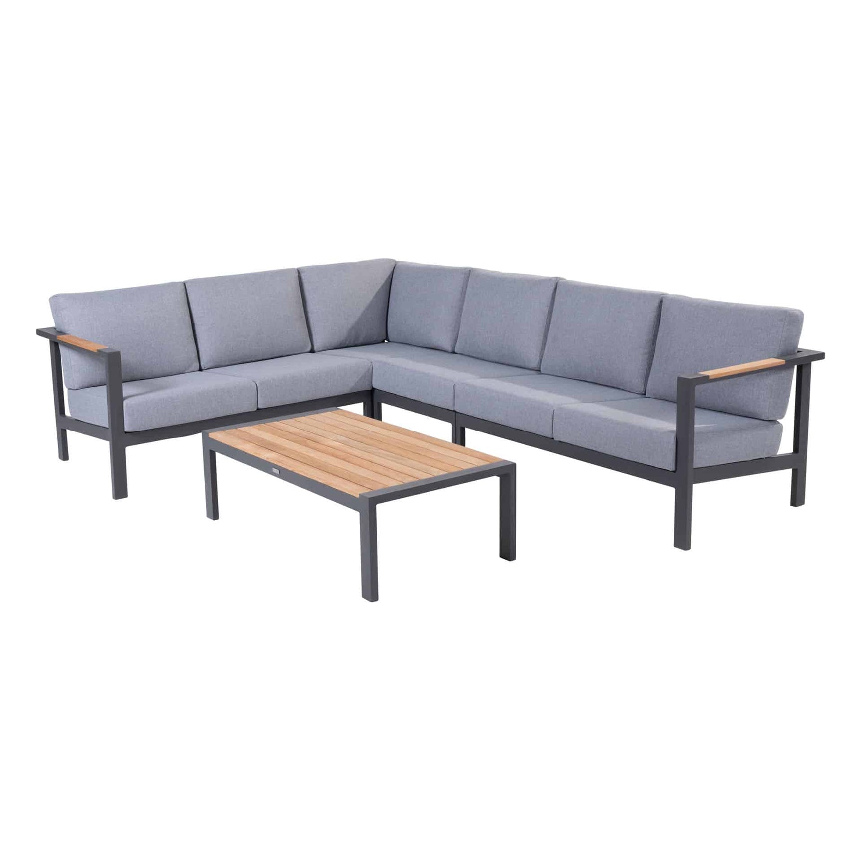 Hoekbank (lichtgrijze stoffering) met houten salontafel en rechthoekige kussens