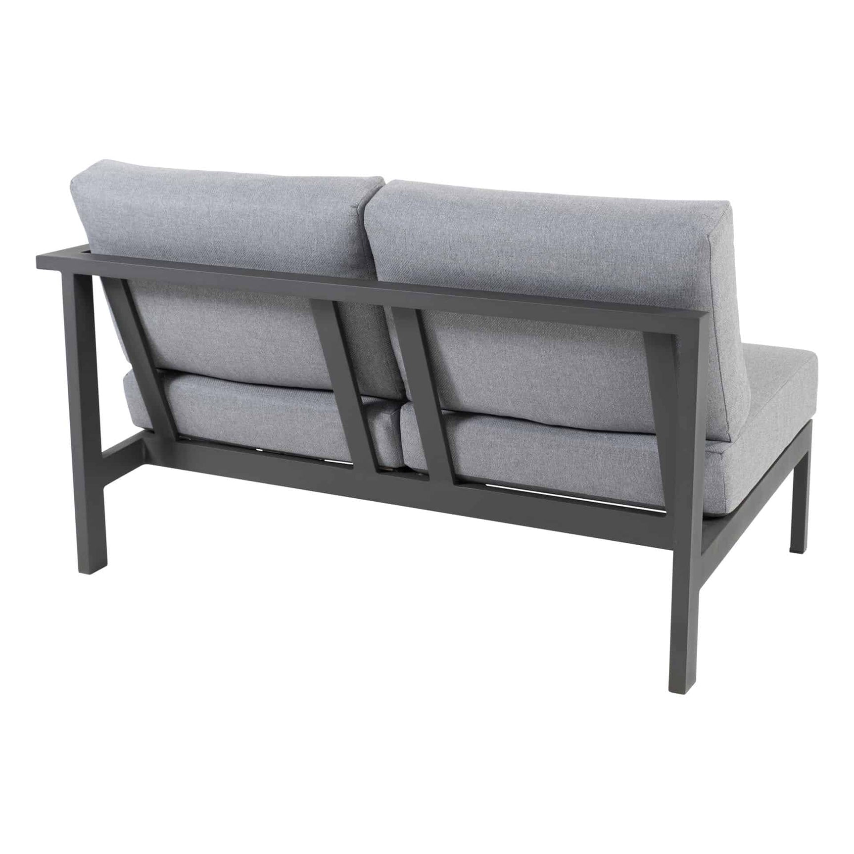 Loungebank met lichtgrijze stoffering, twee rugkussens en lage armleuningen