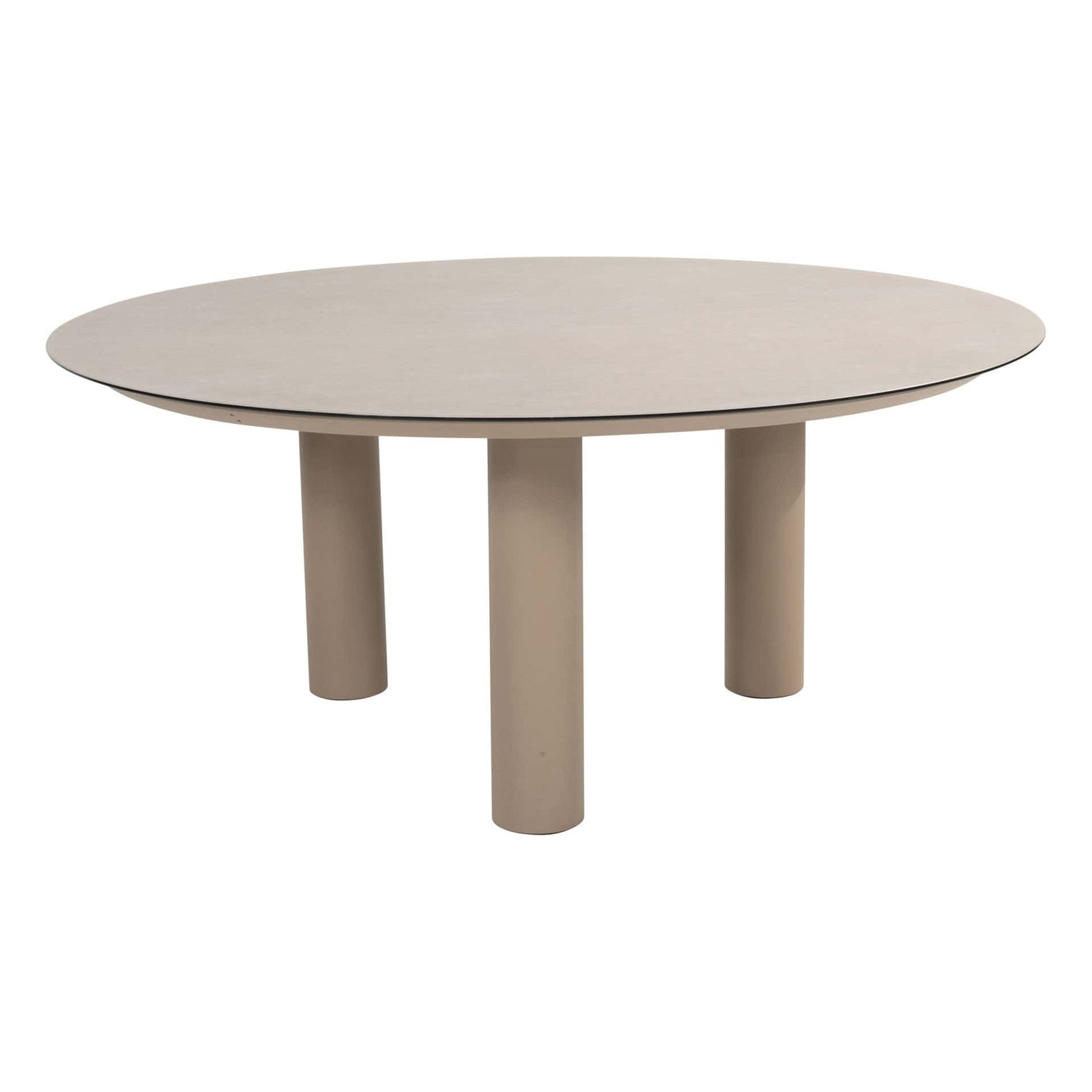 Ronde eettafel met lichtbeige tafelblad en vier houten poten, frontaanzicht