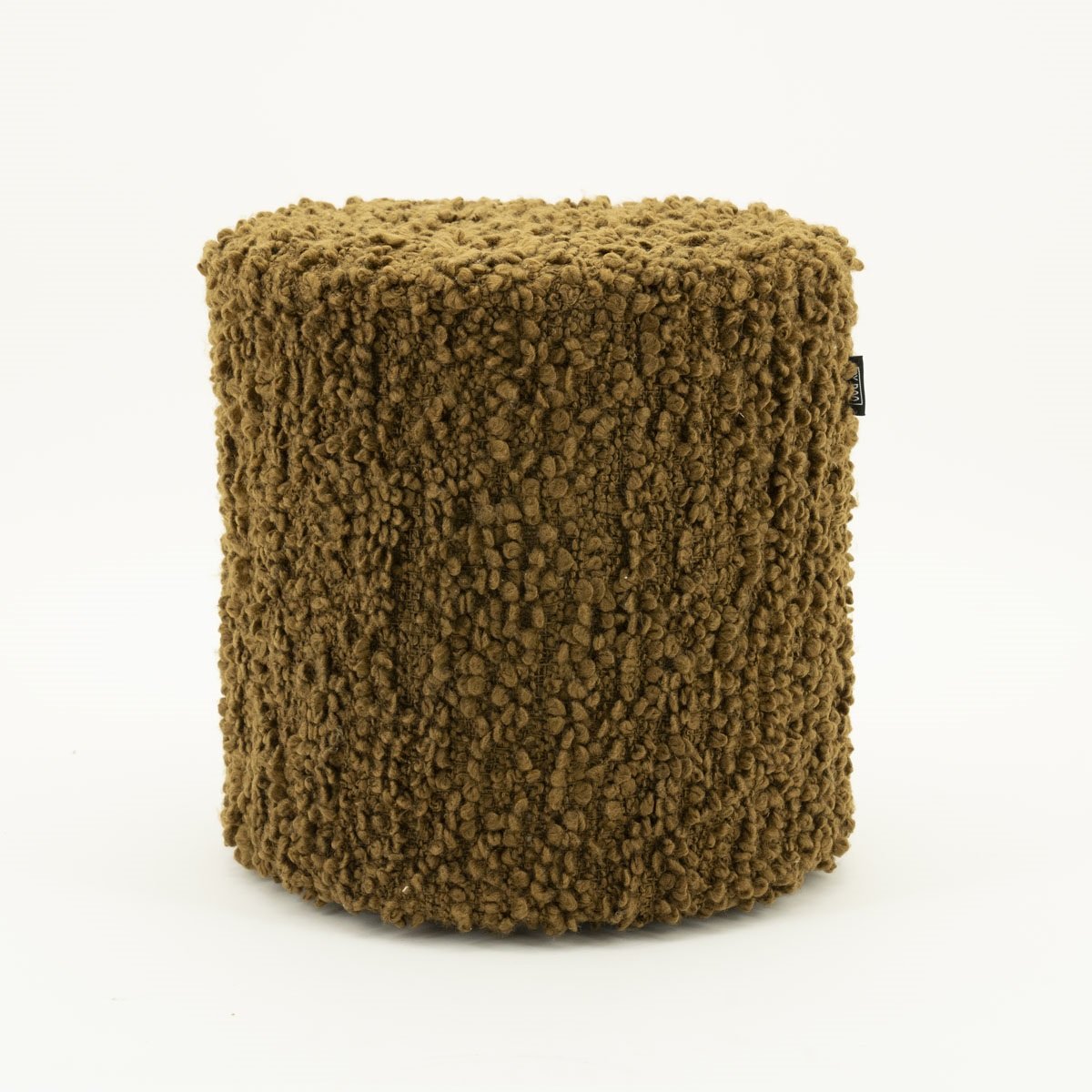 Ronde poef, mosterdgele bouclé stof, lage cilindrische zitting