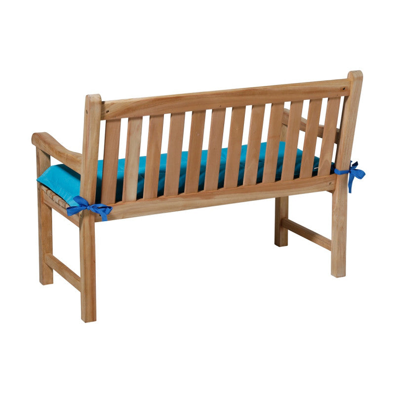 Bankkussen 120x48 turquoise Panama-stof op houten bank, met strikdetail