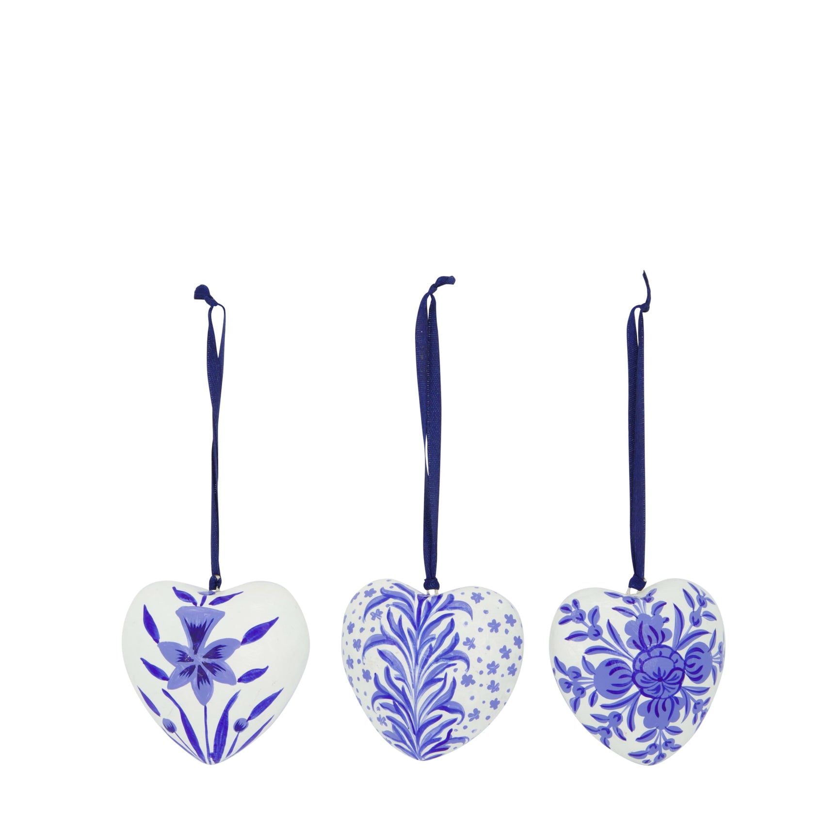 Papier-maché hartvormige hangers, blauw met bloemenprint (set van 3)