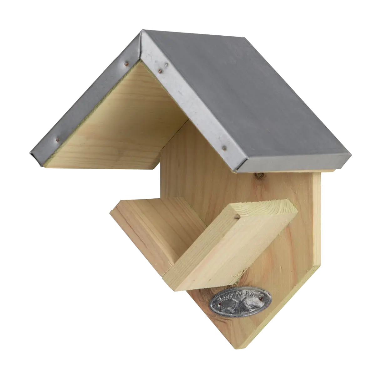 Houten vogelhuisje met grijs metalen dak en open voerbak onderaan