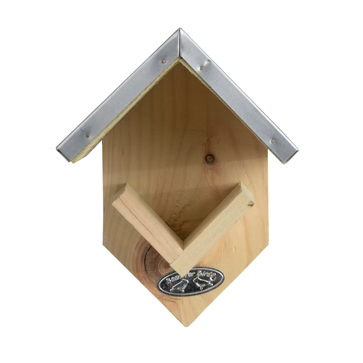 Houten vogelhuisje met puntdak, grijze metalen dakranden en ronde voeropening