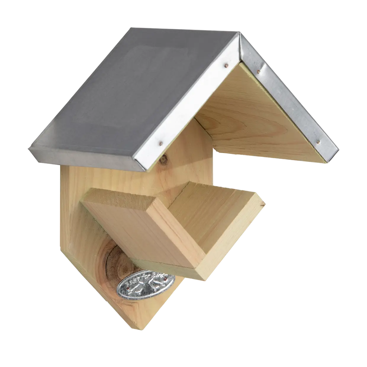 Houten vogelhuisje met grijze metalen dakplaat en open voerbak