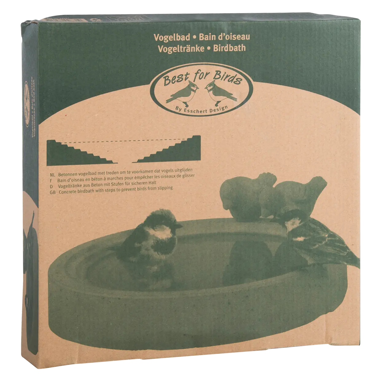 Doos van Esschert Design betonnen vogelbad met 'Best for Birds' logo en kuipafbeelding