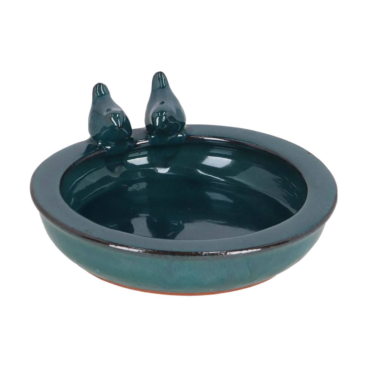 Donkerblauw rond keramisch vogelbad met twee vogelbeeldjes, glanzend waterbassin.