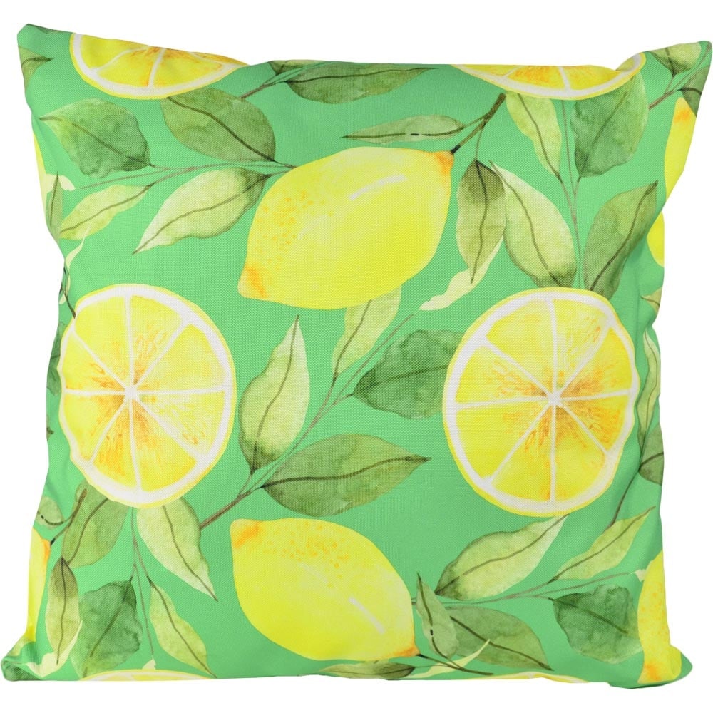 Outdoor sierkussenhoes met citroen- en bladmotief op groen, 45x45