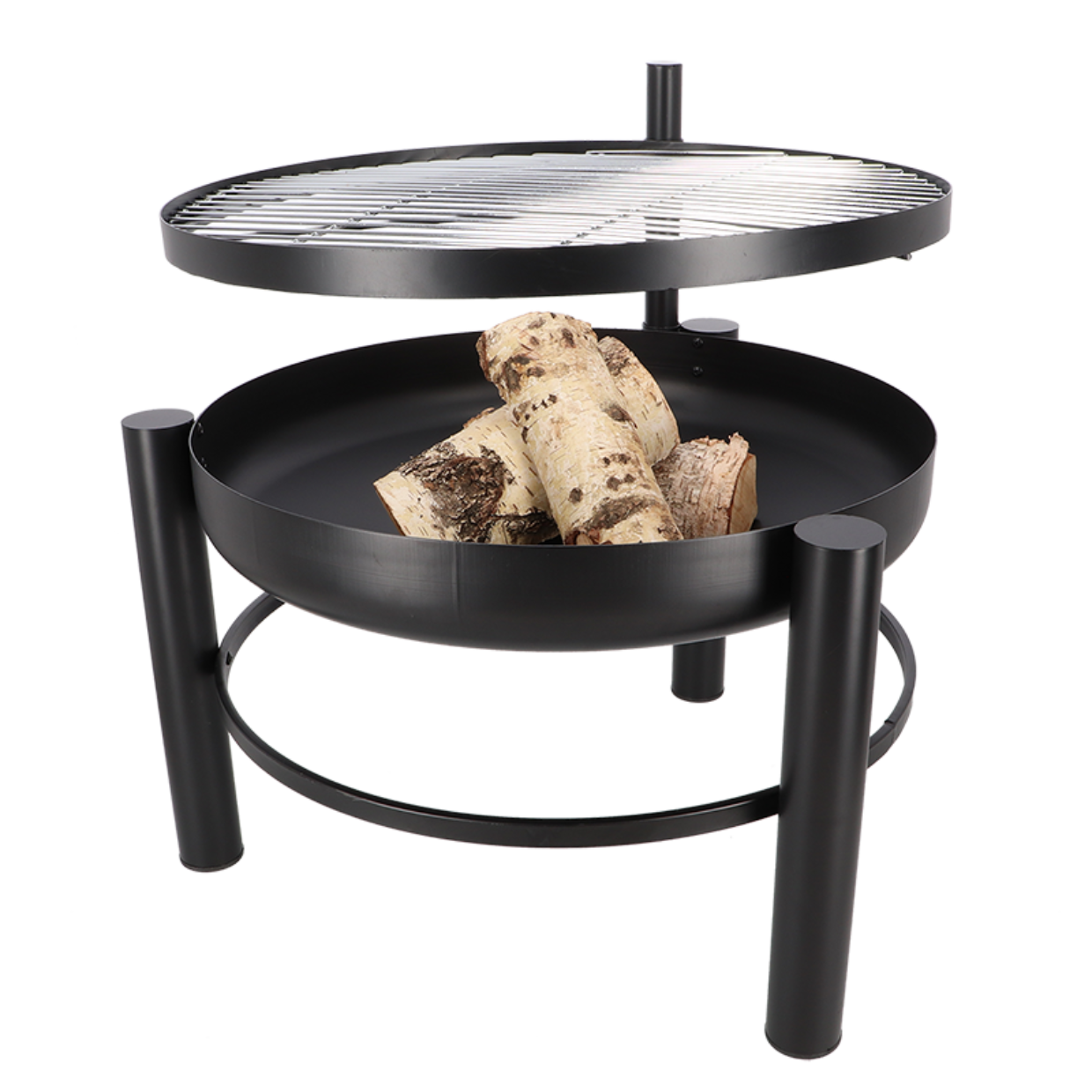 Zwarte vuurschaal met BBQ-rooster en houtblokken in de vuurkom