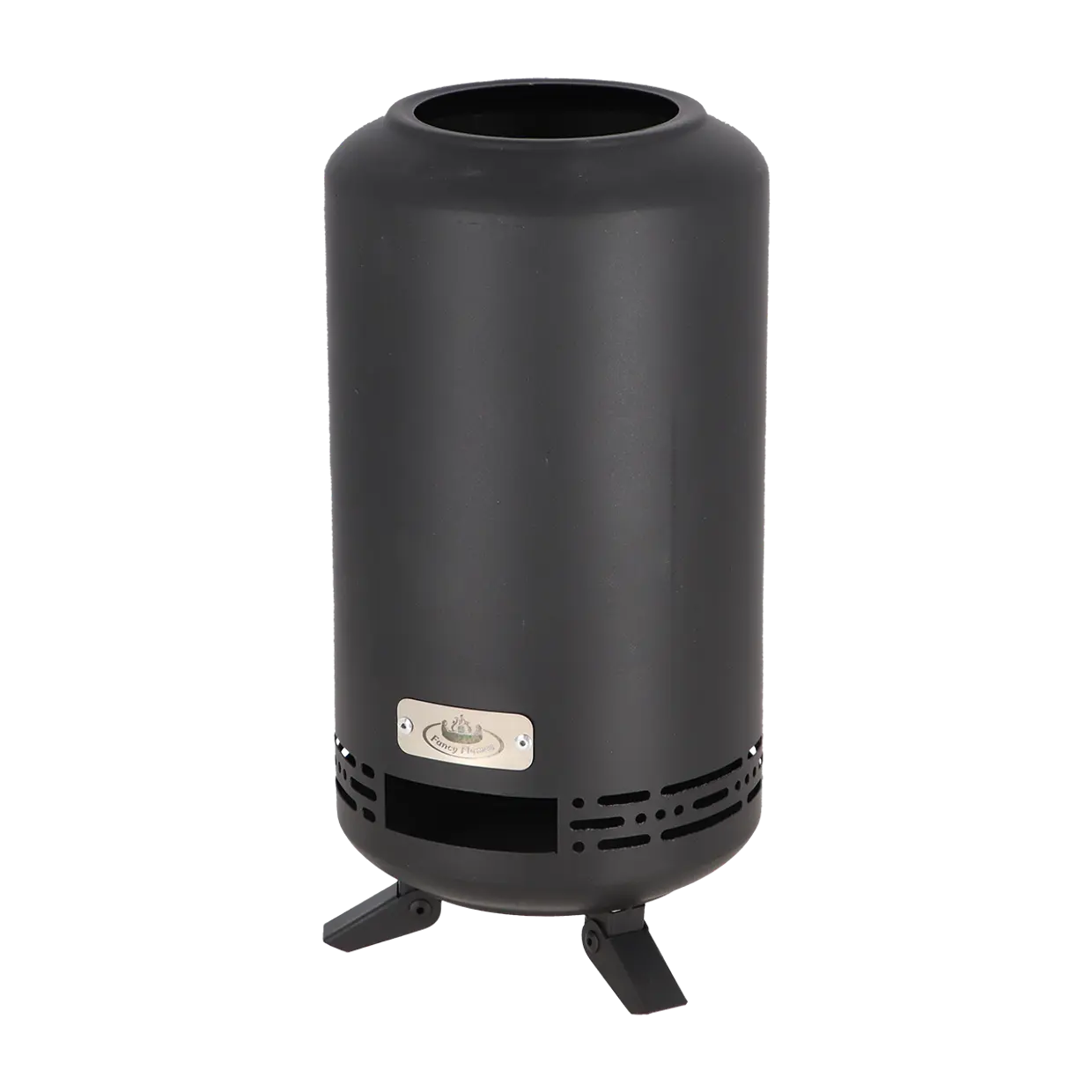 Houtpellet vuurkorf S Esschert design, zwarte cilinder met stookopening en ventilatiesleuven