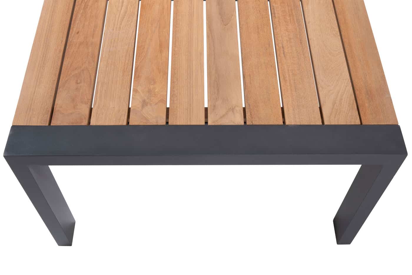 Houten salontafel met donker frame, rechthoekig blad met houten latten