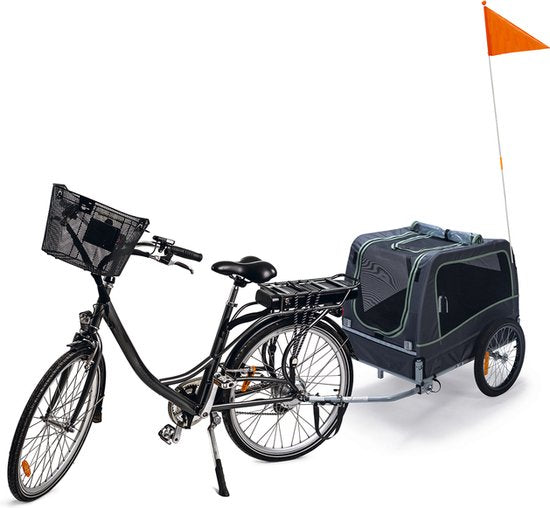 Karlie hondenfietskar Go aan fiets, donkergrijze bak met zijramen en oranje vlag