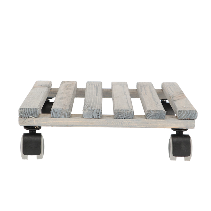 Vierkante indoor trolley met grijze houten plankjes en zwenkwielen, Esschert Design
