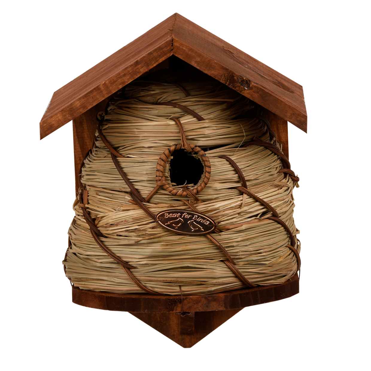 Bijenhuis van hout met stro nestkamer en ronde ingang, decoratief rond label