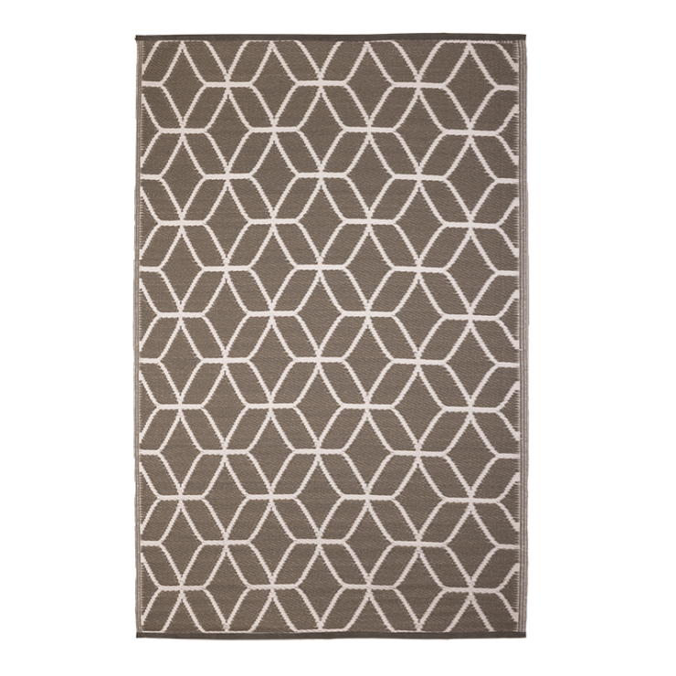 Tuintapijt met grafisch geometrisch patroon in beige en wit, brede grijze rand
