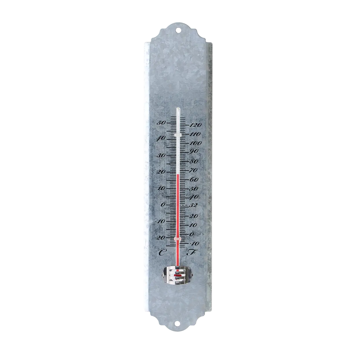 Zinken thermometer met temperatuurschaal en ophangoog