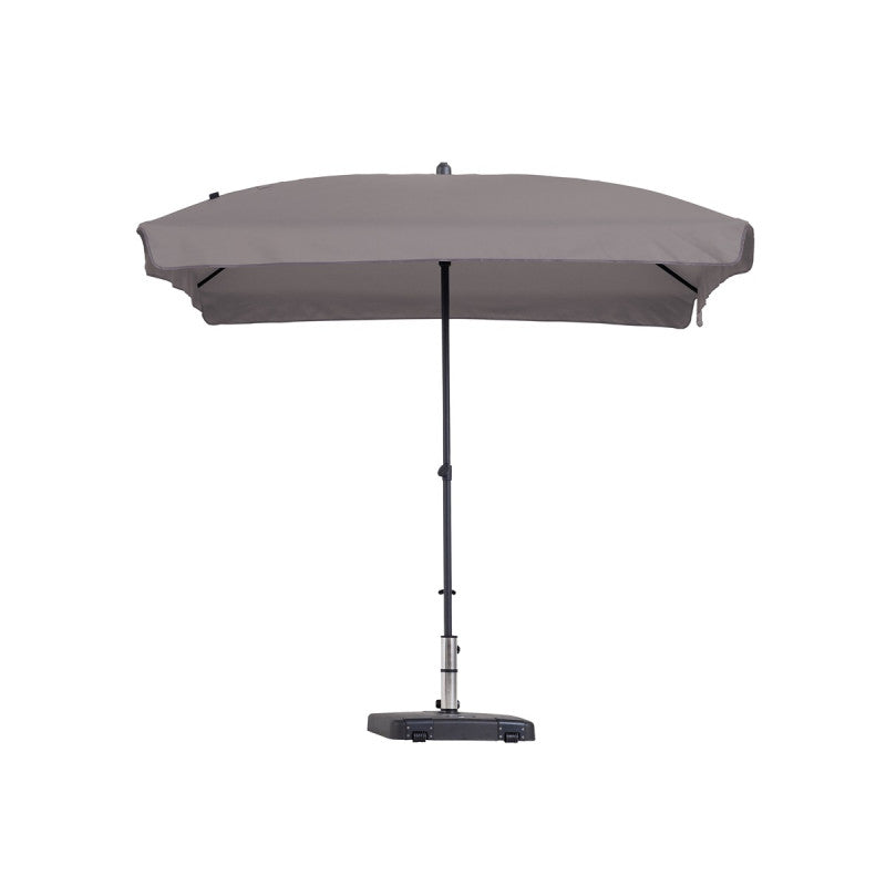 Taupekleurige parasol op staander, open doek.