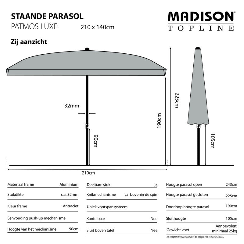 Open staande parasol met lichtgekleurde doek op paal, zijaanzicht.