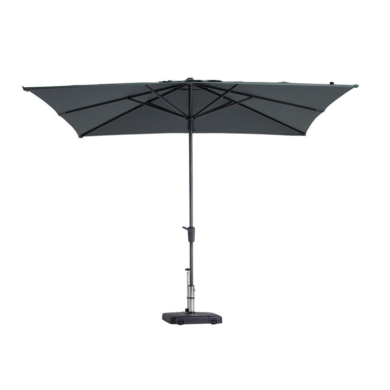 Vierkante parasol met grijs doek en centrale mast, open dak met kruisribben