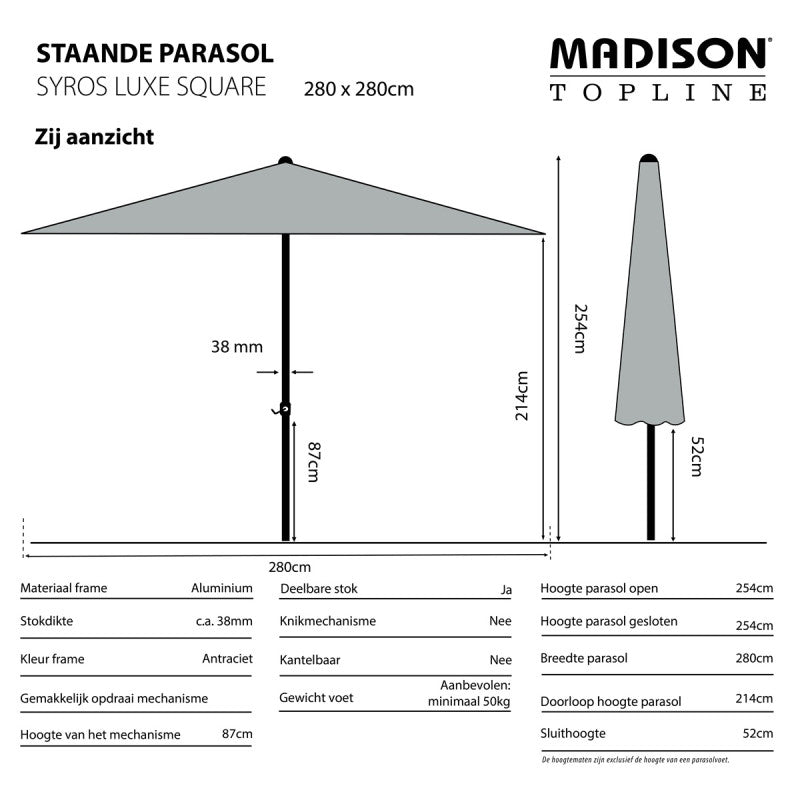 Vierkante parasol zijaanzicht met ecru doek en centrale paal, afmetingenweergave.