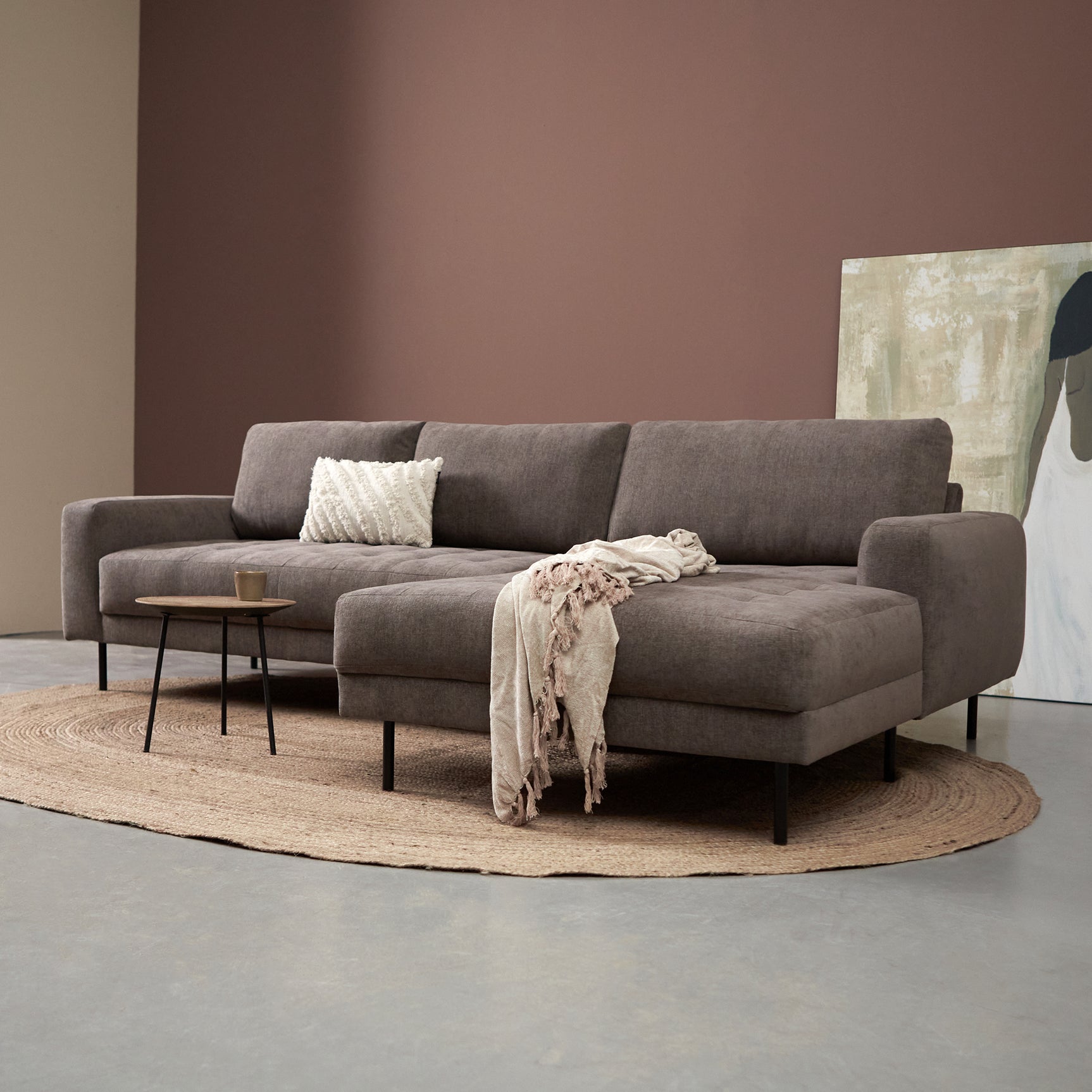 Bank met chaise longue rechts, grijze bekleding met chaise-segment