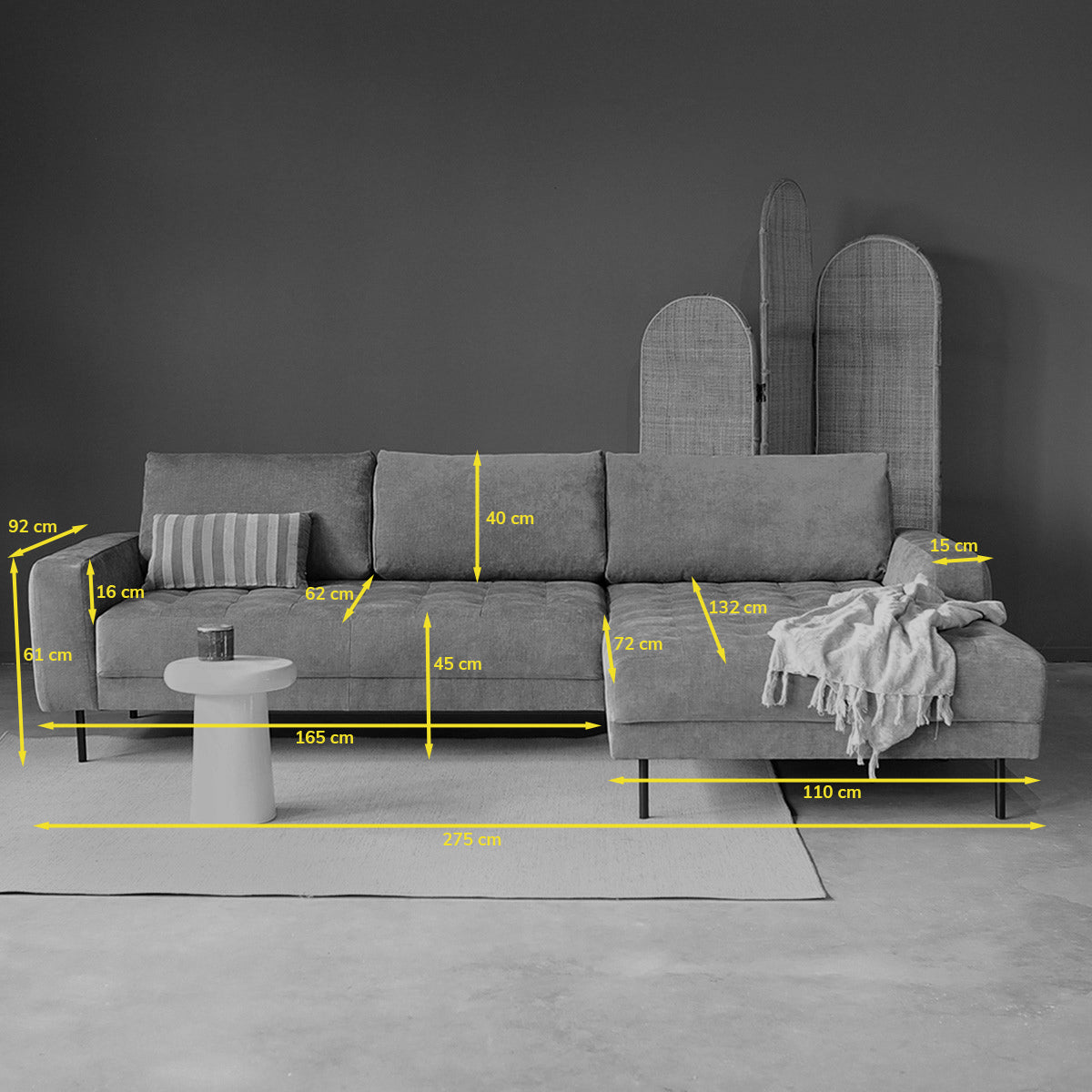 Bank met chaise longue rechts met kussens en afmetingenoverzicht, grijs