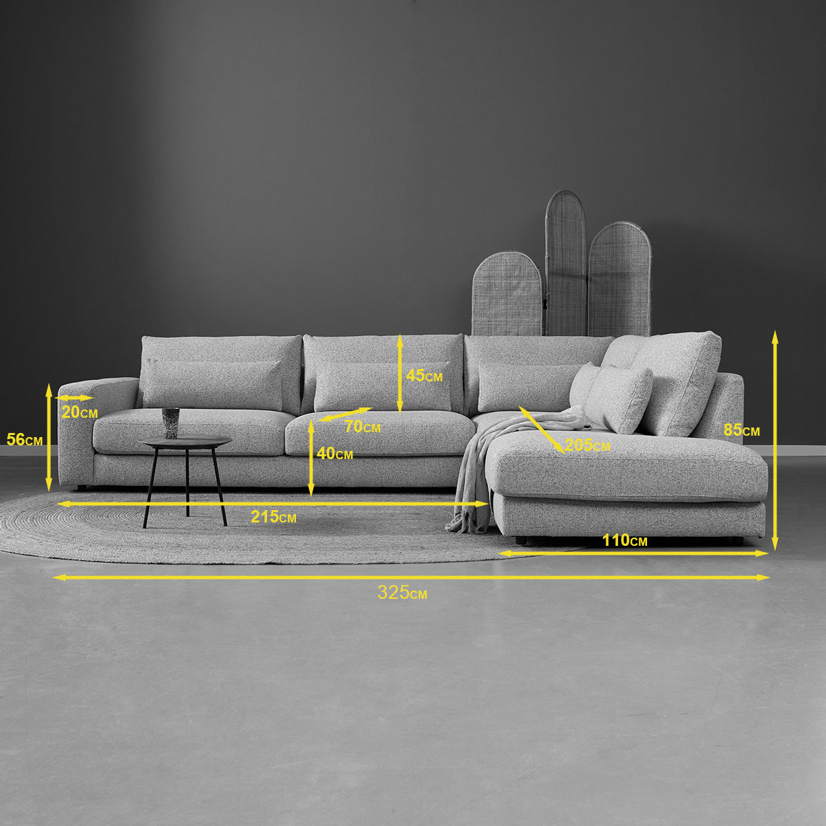 Loungebank met chaise links in lichtgrijze stof; afmetingen aangegeven met lijnen en cijfers