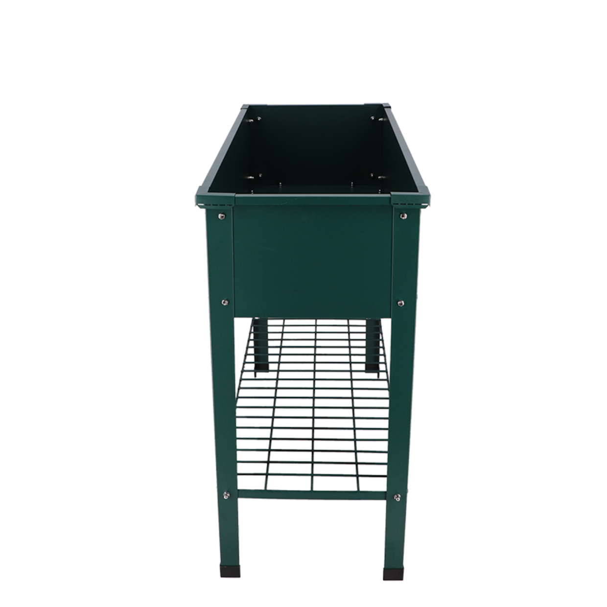 Groene metalen kweekbak met poten en smalle opening met rooster