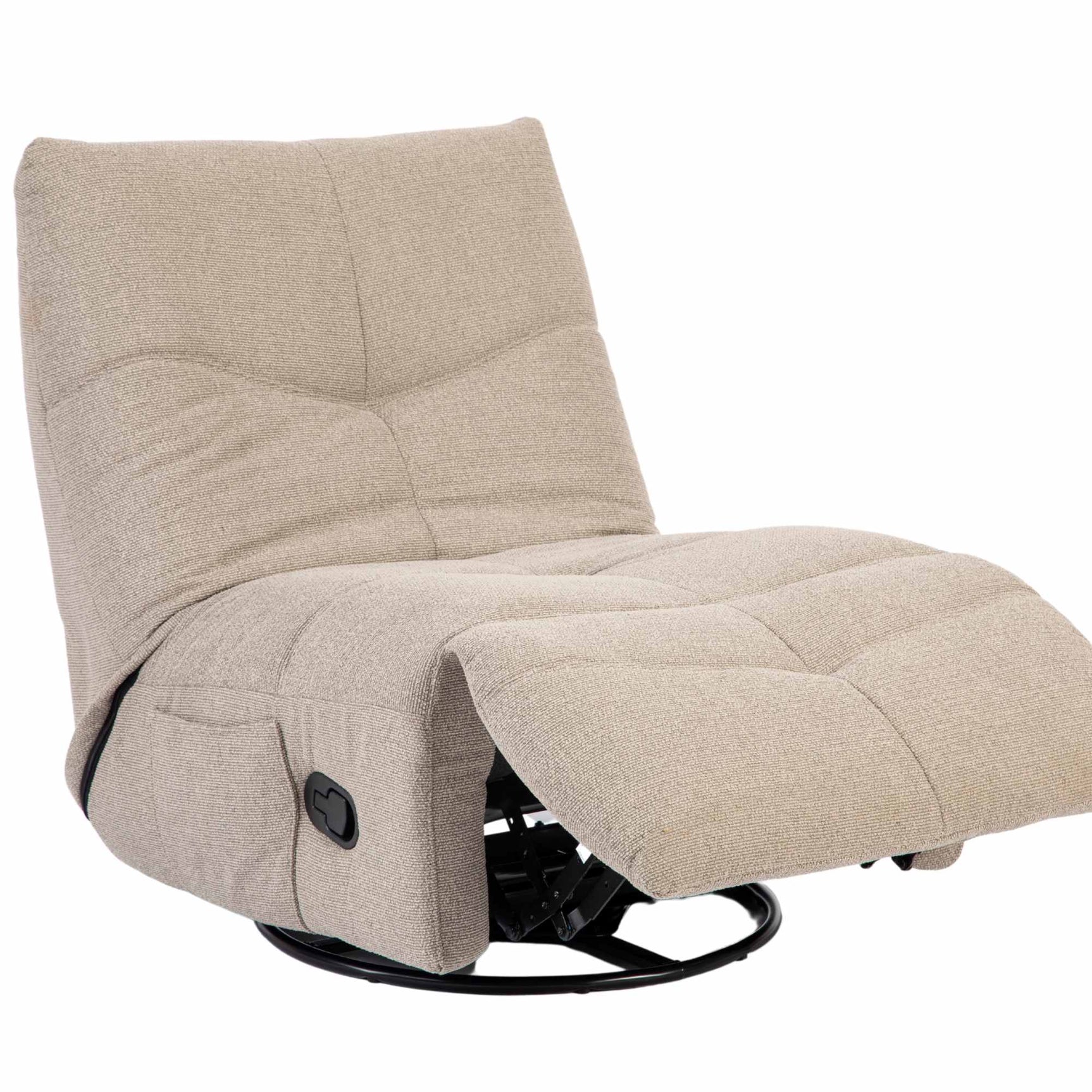Beige relaxfauteuil in open stand met voetensteun en zwarte draaibasis