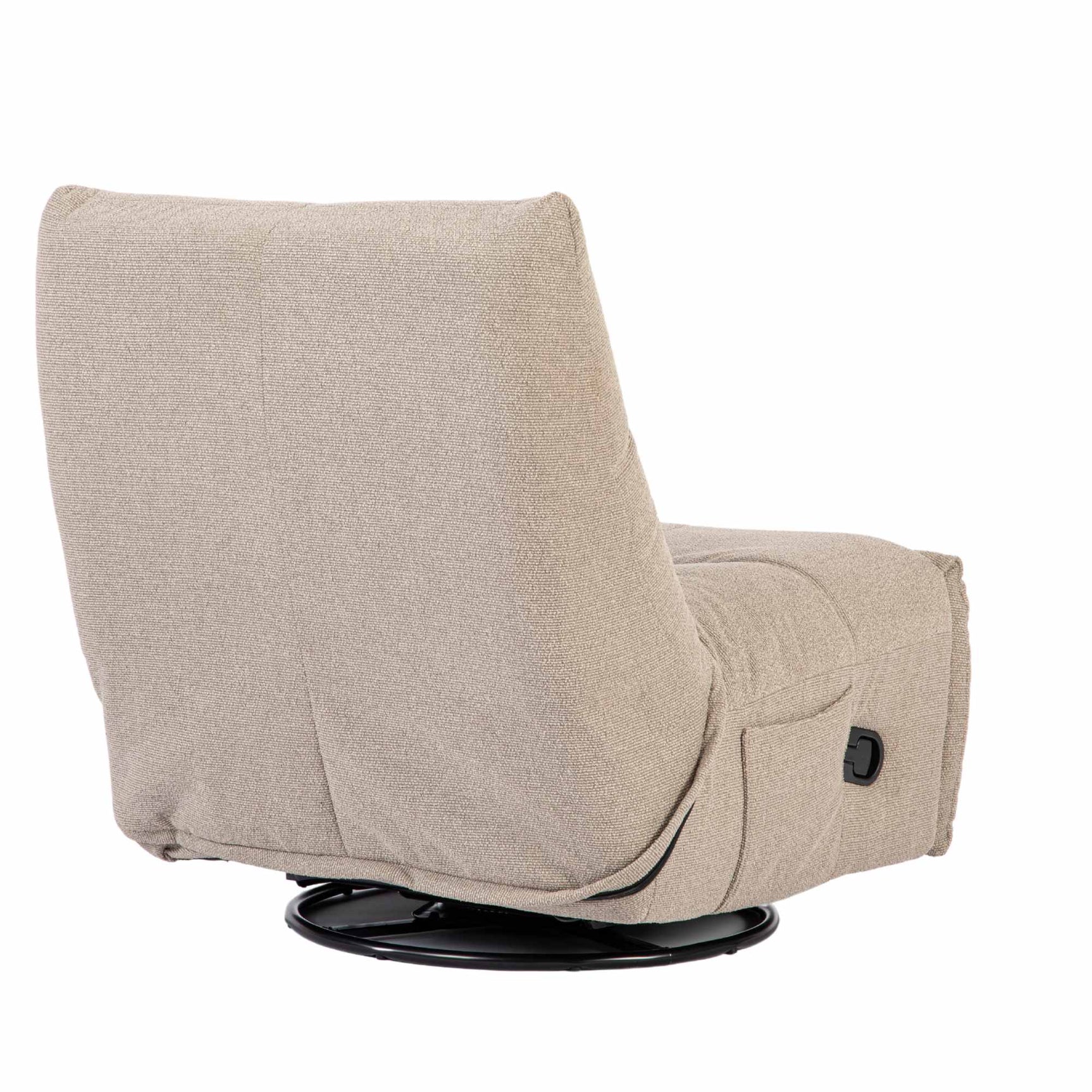 Beige relaxfauteuil in zijaanzicht met zwarte draaibasis en stiksels