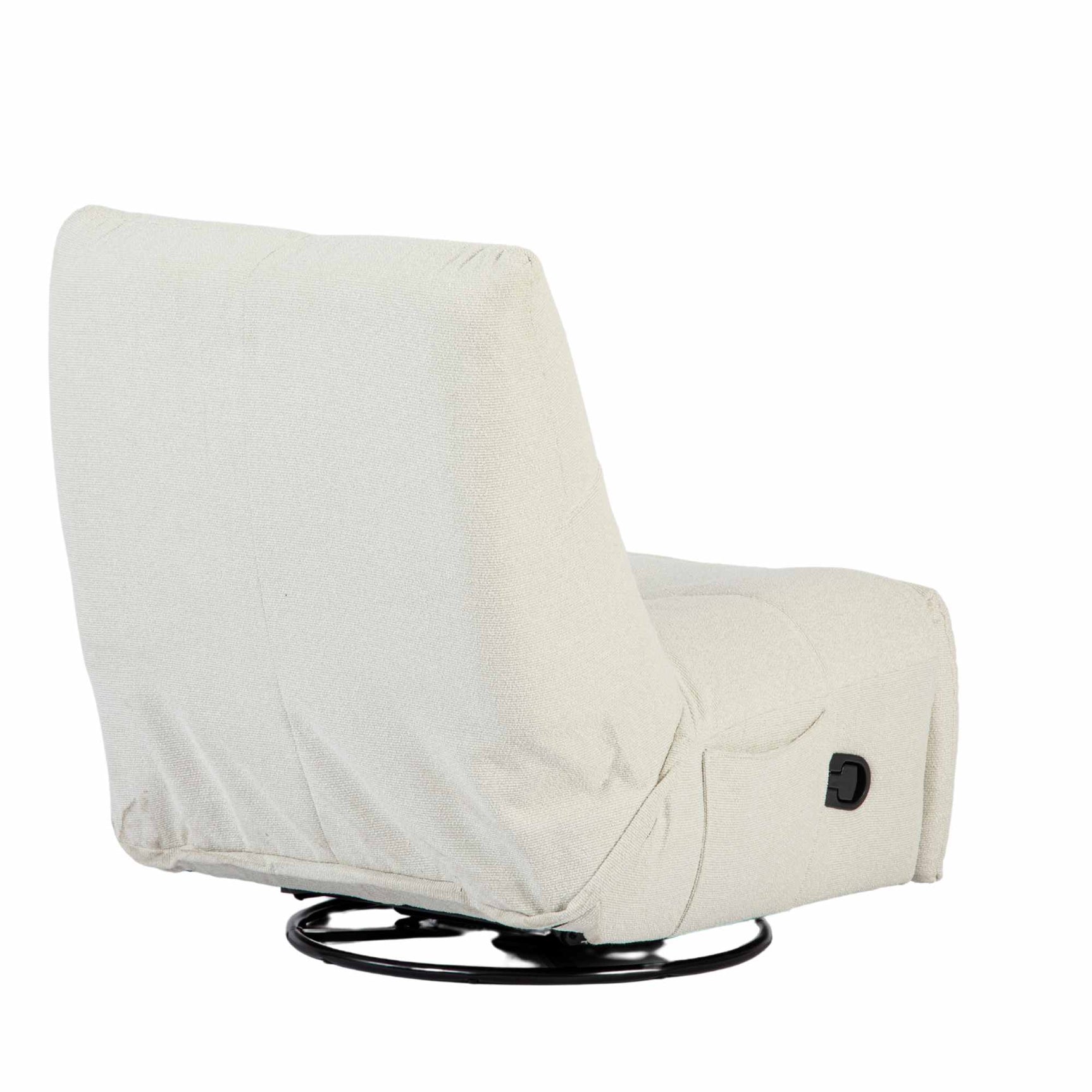 Relaxfauteuil met opstaande rug, crèmewitte bekleding, ronde zwarte basis en knop.