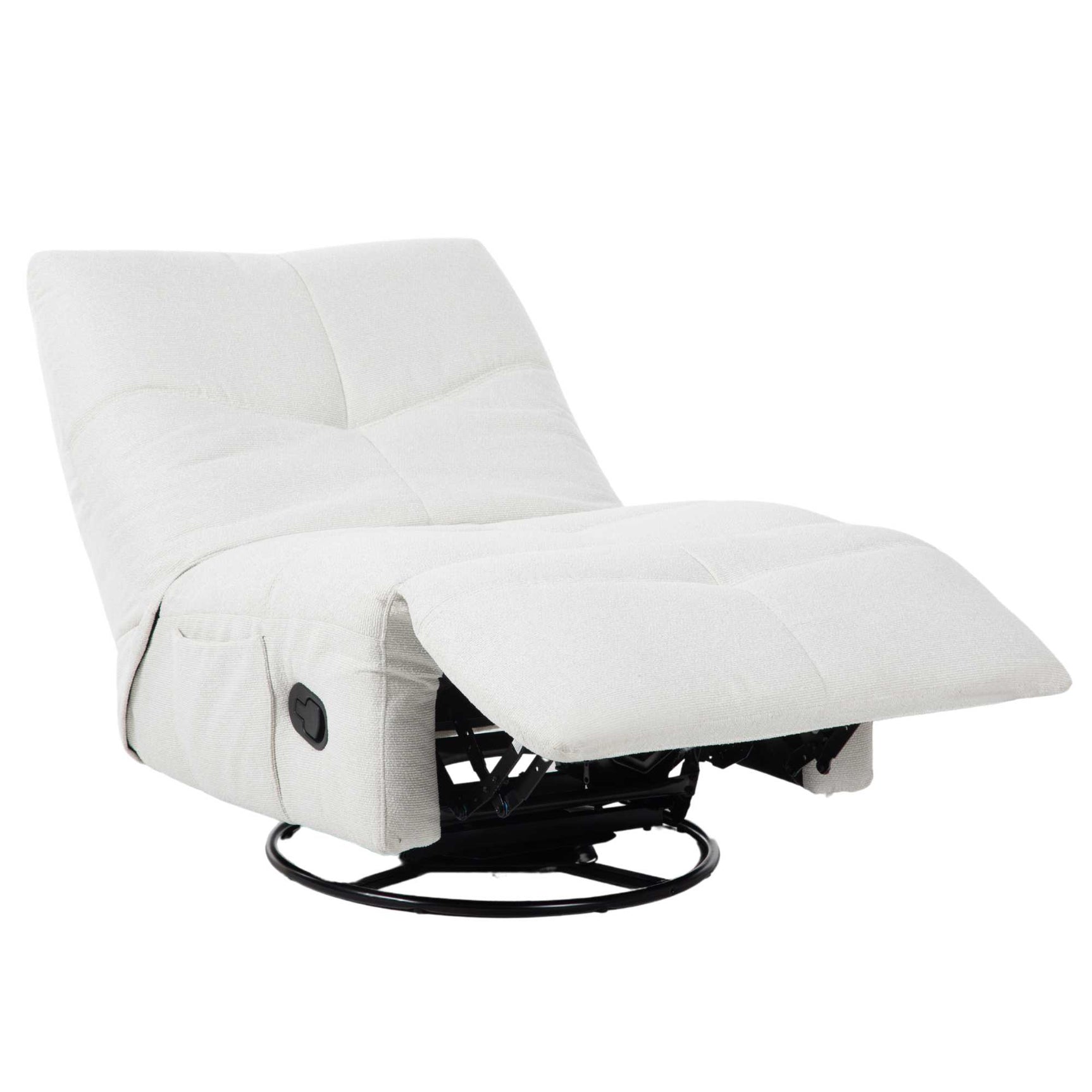 Lichtgekleurde relaxfauteuil in ligstand met voetensteun en ronde metalen basis