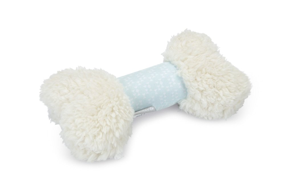 Pluche speelbot voor puppy met witte harige uiteinden en lichtblauw middenstuk