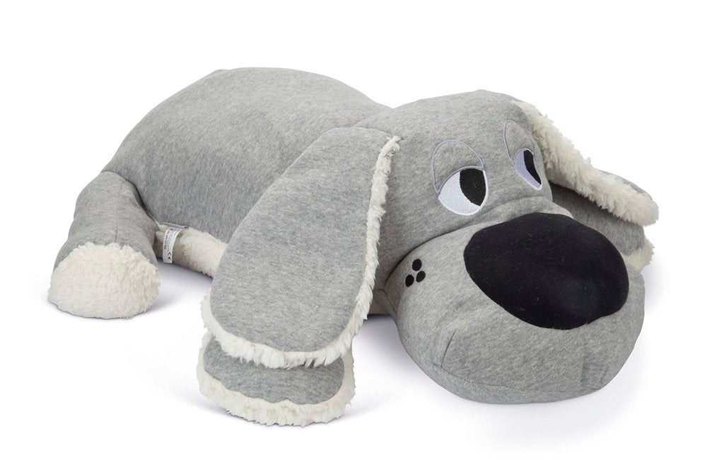 Grijze pluchen hond: zwart neusje, grote flaporen en witte rand