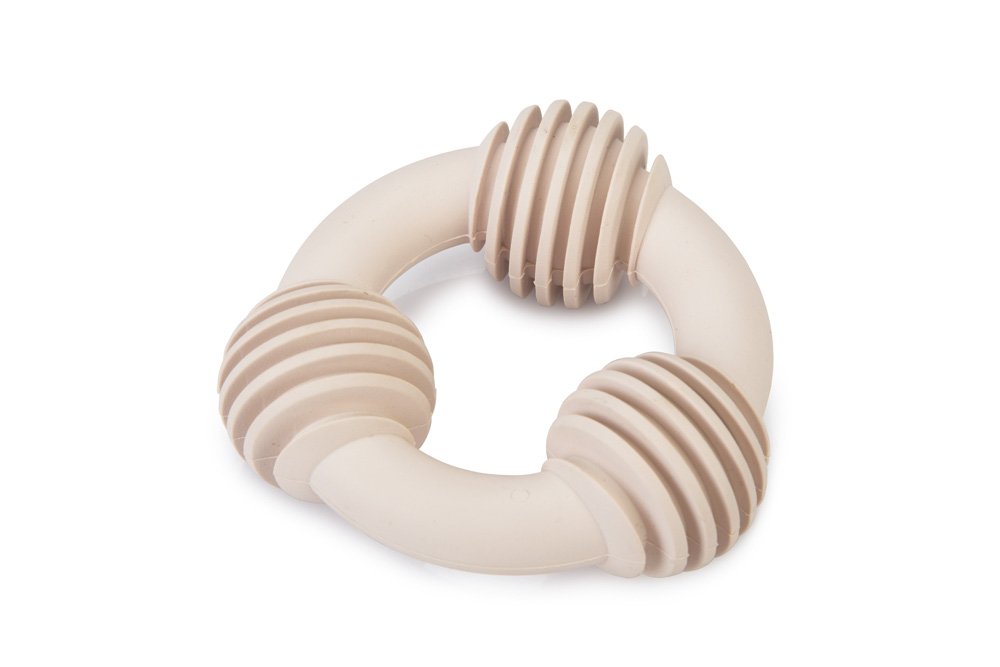 Rubberen tandring voor puppy’s, beige ribbelring met ronde vorm